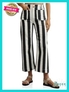 High Waisted Cropped Striped Stretchy Denim Jeans with Pockets